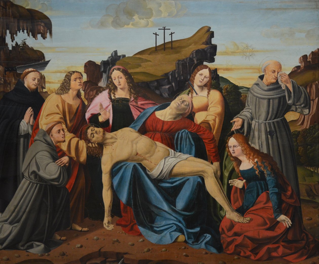 Kristi klagesang, med jomfruen, Saint Peter Martyr, Saint Francis, Saint John the Evangelist, Saint Mary the Egyptian og Saint Agatha av Alvise Donati