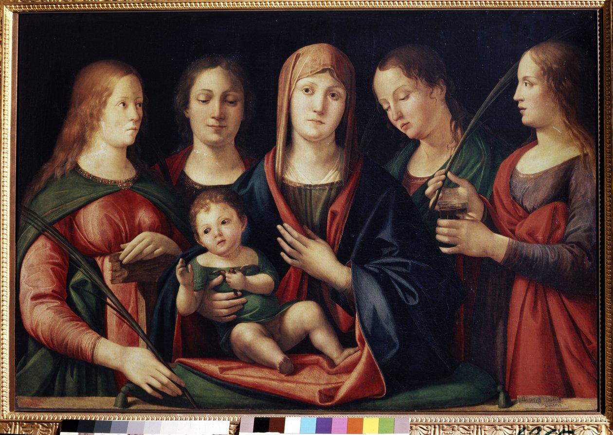 Jomfruen og barnet med Marie Madeleine Sainte Catherine og to helgener (Madonna og barnet med Maria Magdalena, Saint Catherine og to helgener). Maleri av Alvise Vivarini (ca. 1446-ca. 1505). Olje på lerret, 89 x 129 cm av Alvise Vivarini