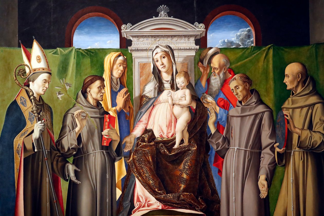 Madonna og barn tronet med de hellige Ludvig av Toulouse, Anthony av Padua, Anne, Joachim, Frans og Bernardino av Siena av Alvise Vivarini
