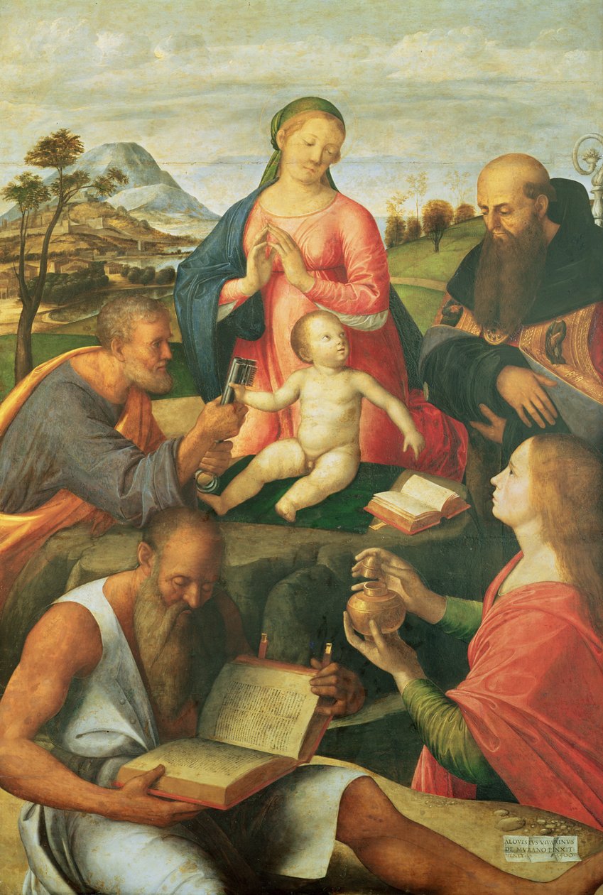 Madonna og barn med SS. Peter, Hieronymus og Maria Magdalena med en biskop, 1500 av Alvise Vivarini