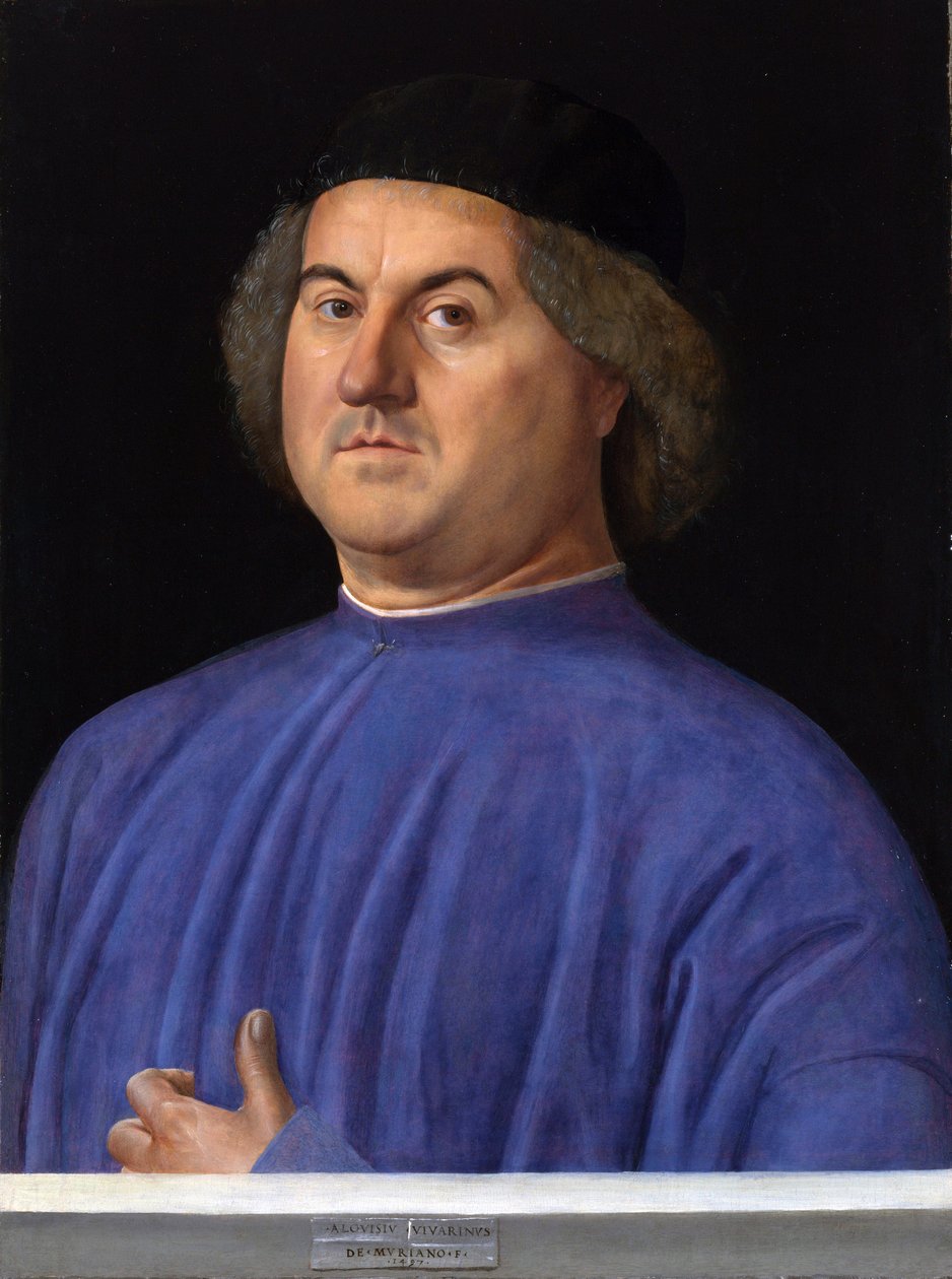 ""Portrett av en mann"" Bourgeois kledd i en blå tunika - Maleri av Alvise Vivarini (ca. 1446-cirka 1505) 1497 London National Gallery av Alvise Vivarini
