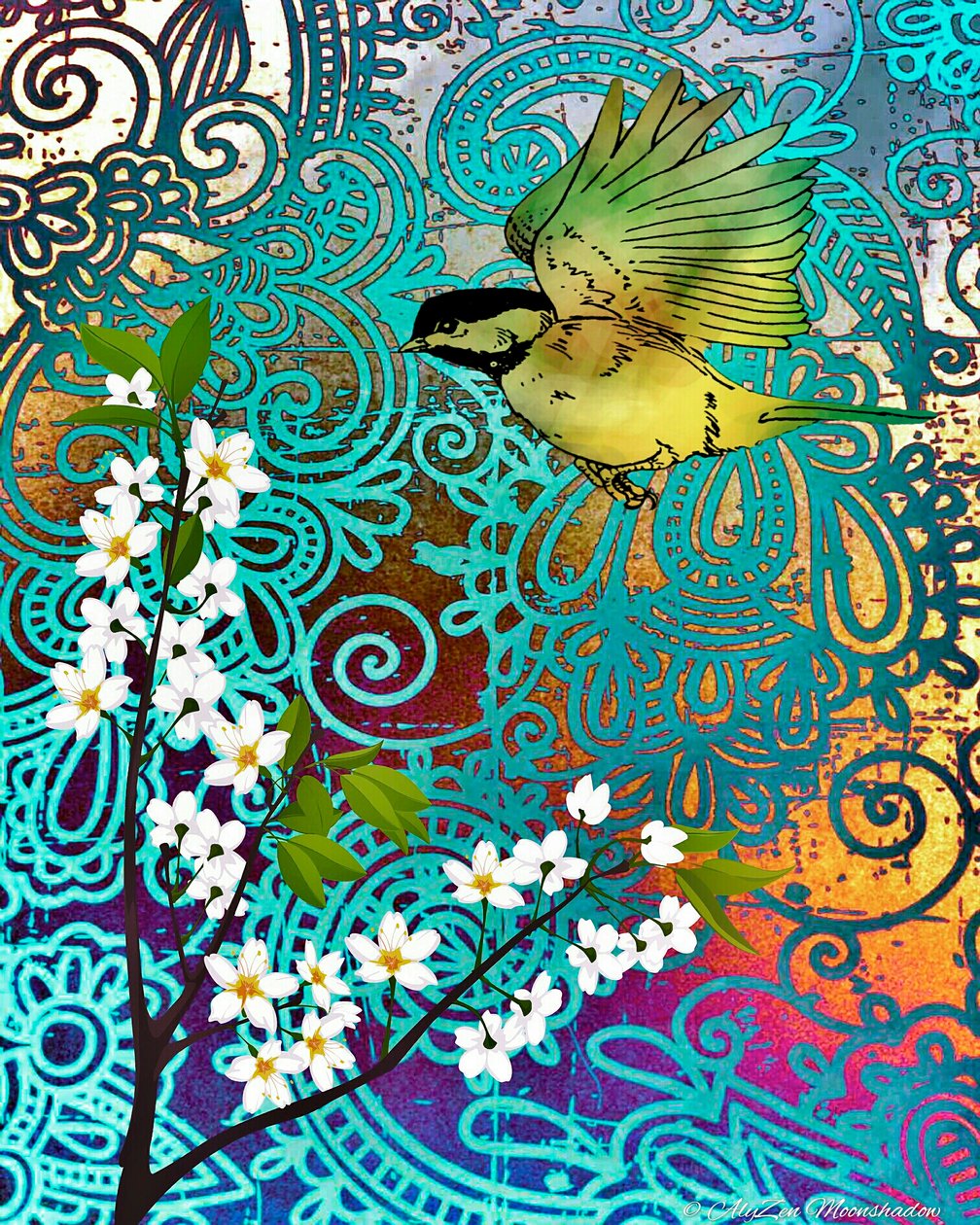 Bird with Cherry Blossoms, 2014, (digital blandet medietelefonografi) av AlyZen Moonshadow