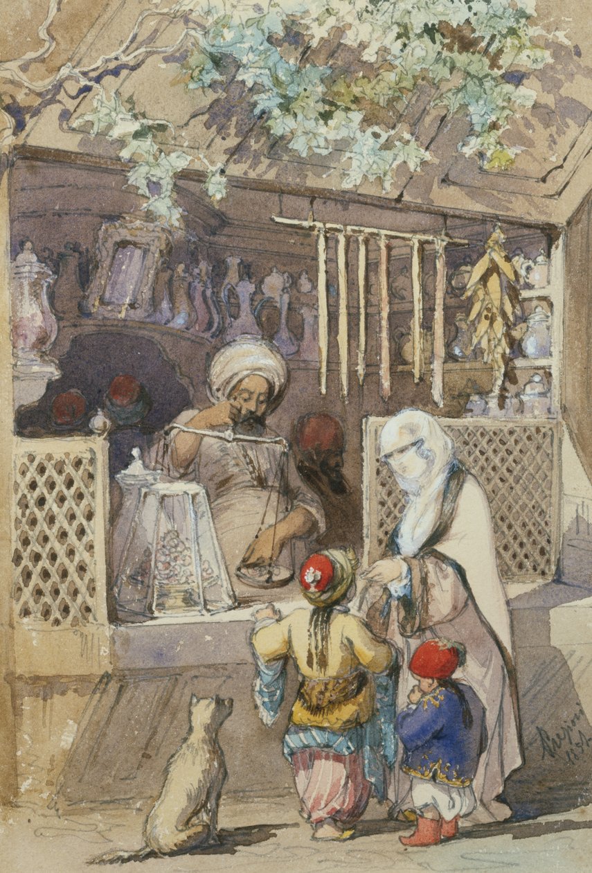 Tyrkiske figurer ved en søtkjøttbod, 1851 (blyant og wc) av Amadeo Preziosi