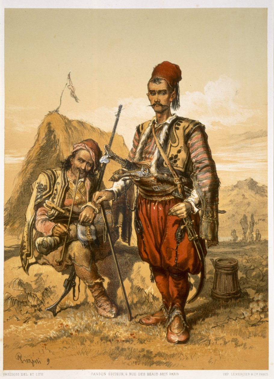 Tyrkiske fotsoldater i den osmanske hæren, pub. av Lemercier, ca. 1857 av Amadeo Preziosi