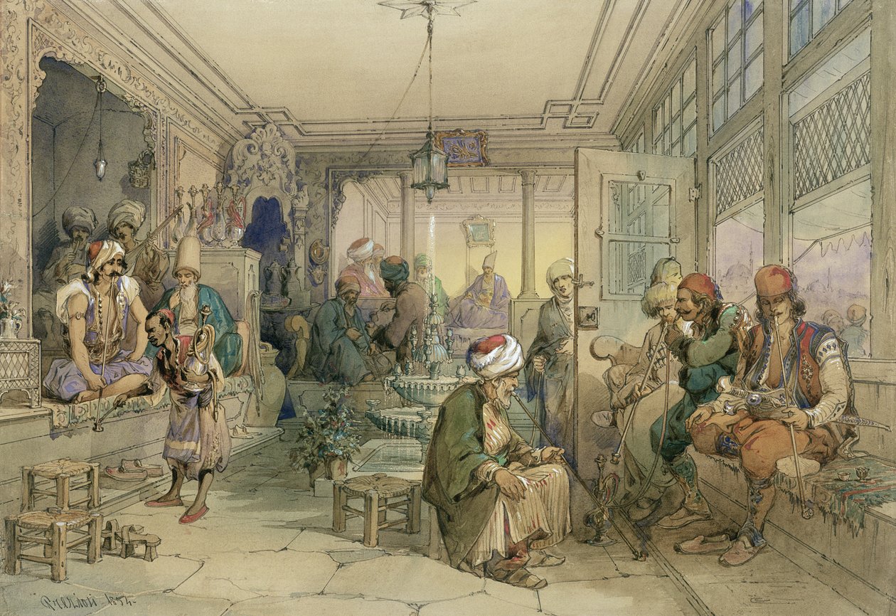 A Coffee House, Konstantinopel, 1854 (penn og blekk og wc på papir) av Amadeo Preziosi