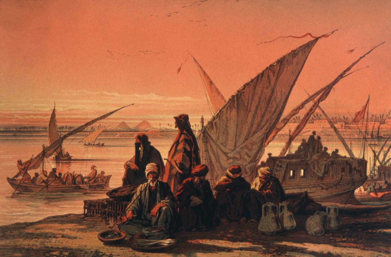 Båter på Nilen, nær pyramidene av Amadeo Preziosi