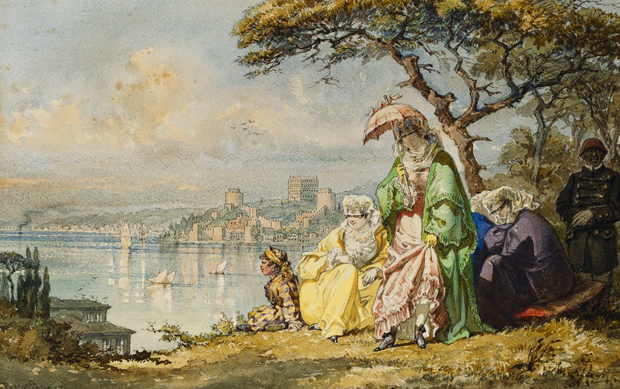Damer på Bosporus med Rumeli Hisar Beyond, 1873 av Amadeo Preziosi