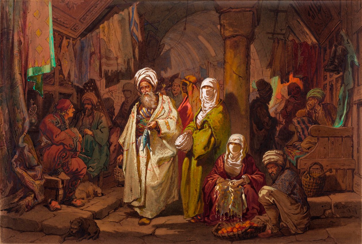 Le grand bazar (souk, marche oriental) - Den store basaren - Av Amedeo Preziosi (1816-1882) Akvarell på papir (45,5x67 cm) - Pera Museum, Istanbul av Amadeo Preziosi