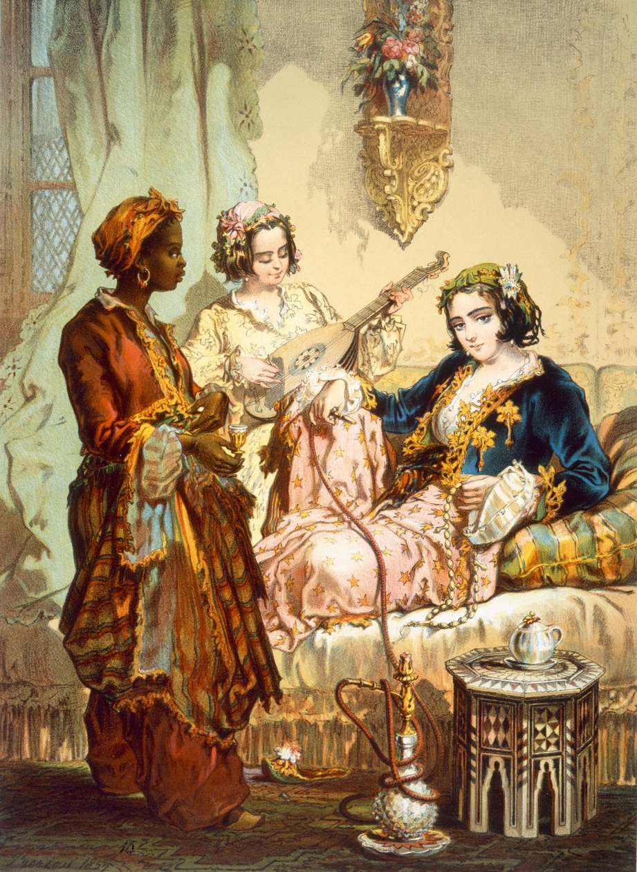 The Cup of Coffee: To kvinner som tar kaffe og røyker hubble-bubble, pub. 1865. av Amadeo Preziosi