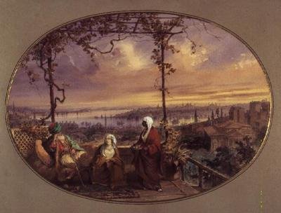 Utsikt fra terrassen til et hus i Galata, med en tyrker, hans kone og tjener som ser mot munningen av Det gylne horn og Bosporos av Amadeo Preziosi