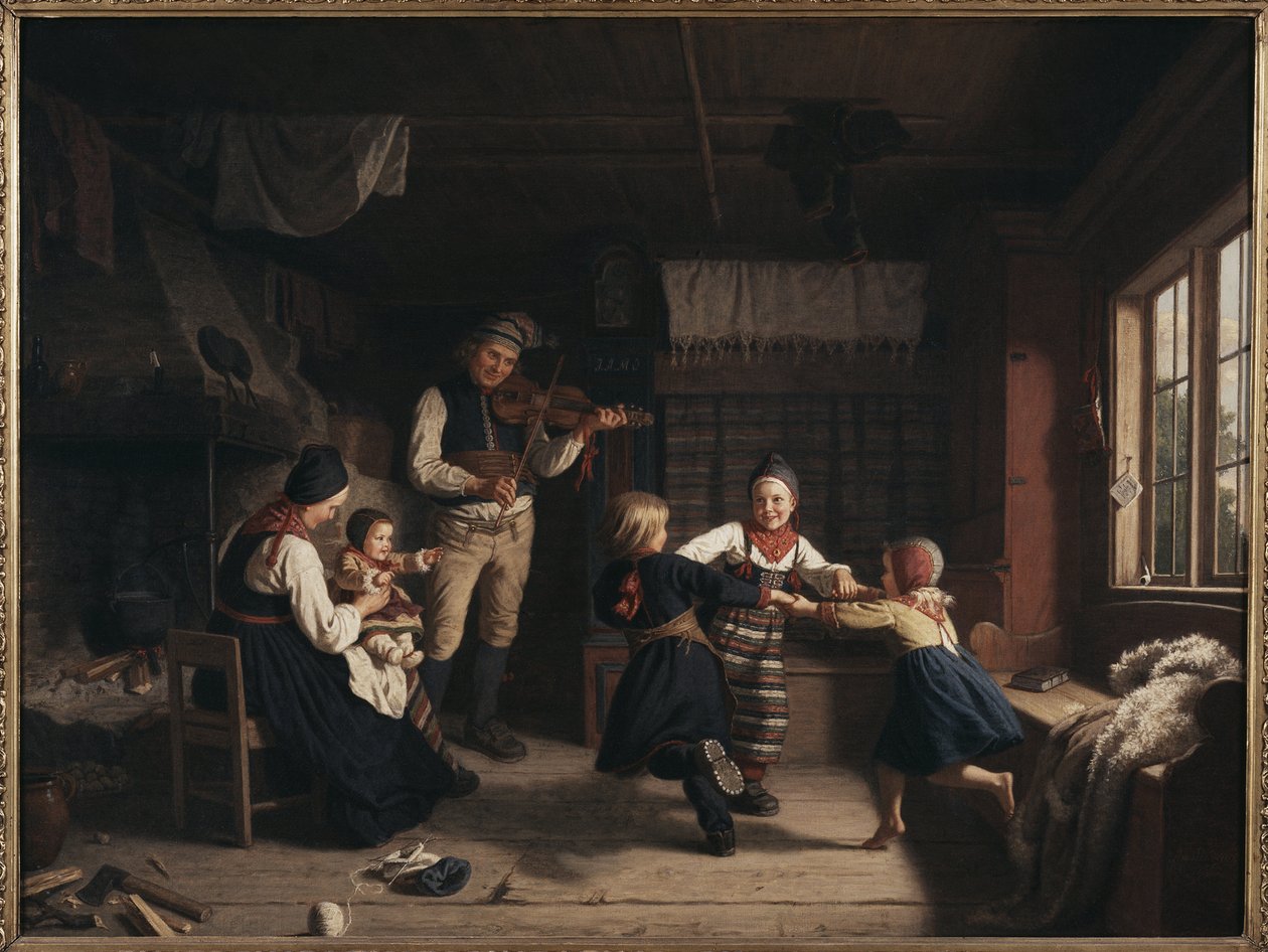 Søndag kveld i et våningshus i Dalarna - Søndagskveld i et gårdshus i Dalarna, av Lindegren, Amalia (1814-1891). olje på lerret av Amalia Lindegren