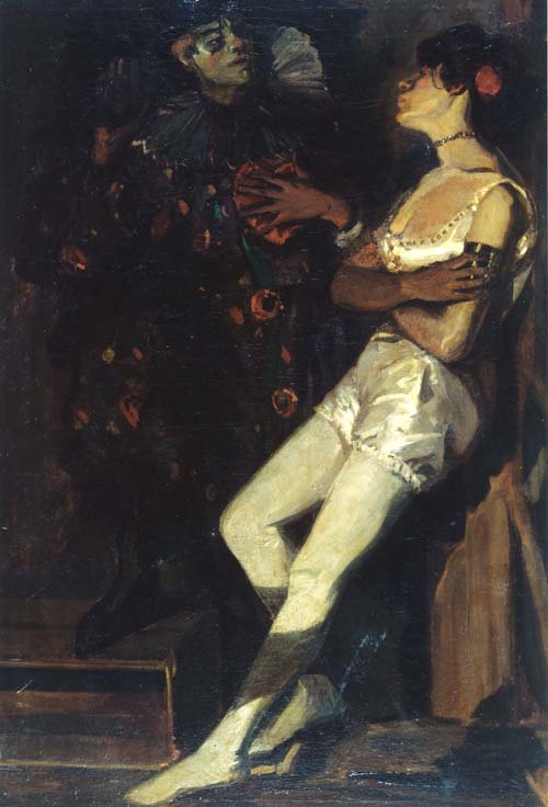 Stående artist og Pierrot i et mørkt rom av Amandus Faure