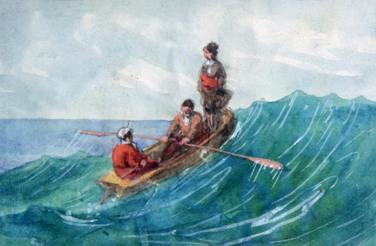 «Den snuskete». Akvarell. Aurore Amadine Lucie Dupin (1804–1876) Fransk romanforfatter og feminist som skrev under navnet George Sand. Tre skikkelser i en liten robåt som rir på en bølge. av Amantine Dupin