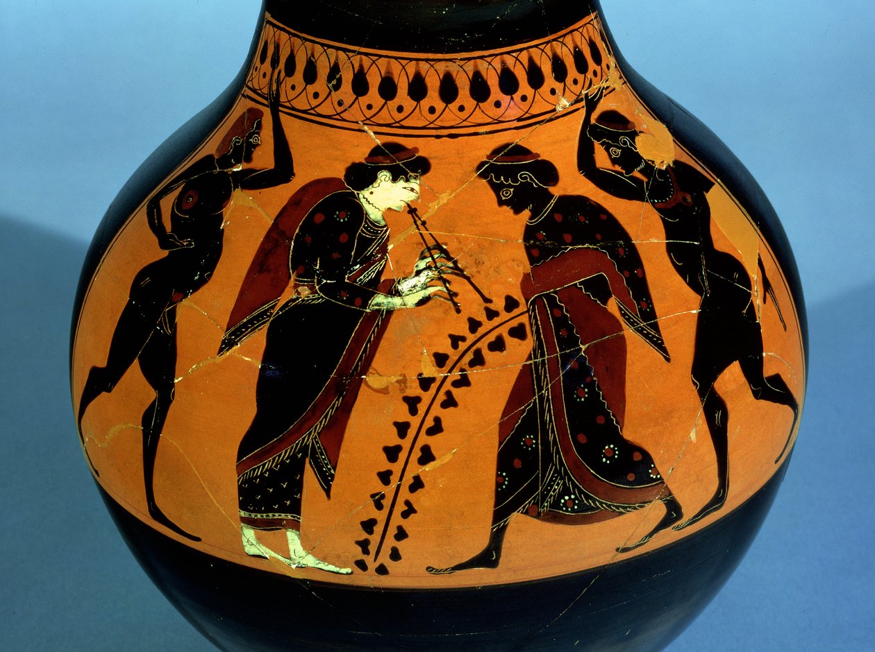 Oinochoe med svart figur på loft dekorert med en scene av et drikkeselskap med dansere og en kvinne som spiller et sivinstrument (keramikk) av Amasis Painter