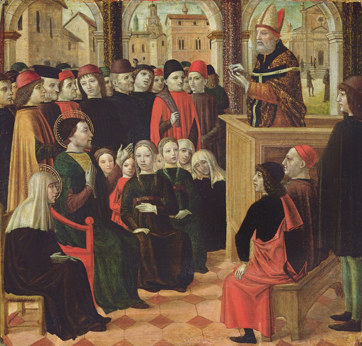 The Preaching of St. Ambroise (tempera på panel) av Ambrogio Bergognone