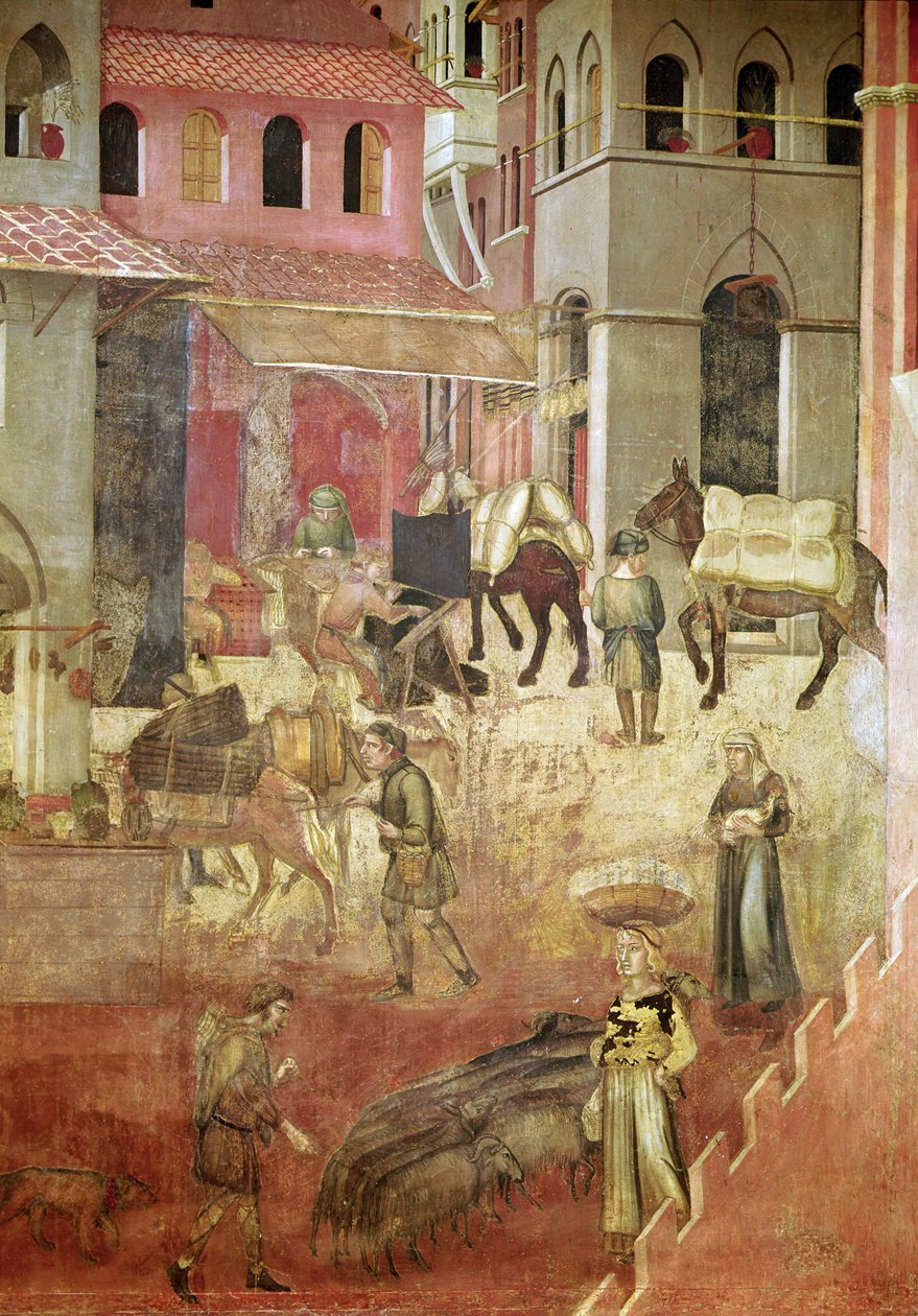 Effekter av god regjering i byen, detalj fra Allegory and Effects of Good and Bad Government på by og land, esler som bærer varer, tekstilvevere, en hyrde og flokken hans, 1337-9, av Ambrogio Lorenzetti