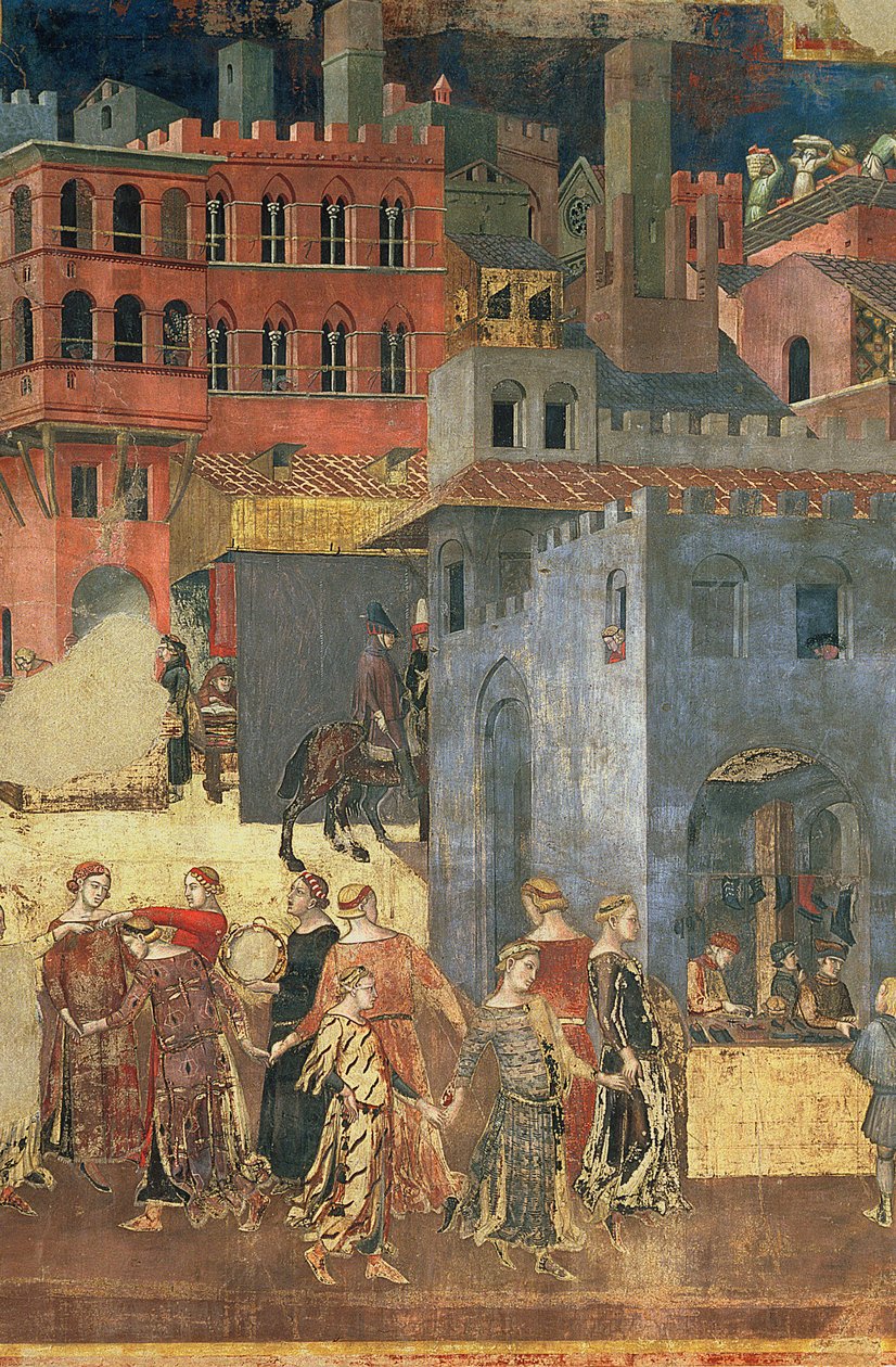 God regjering i byen, 1338-40 detalj av 57868 fresco av Ambrogio Lorenzetti