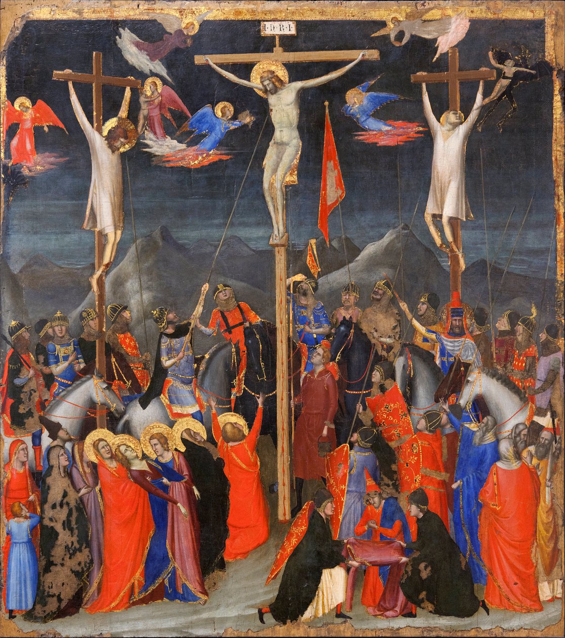 Korsfestelsen - På sidene, representasjon av den gode tyven (også kalt Saint Dismas (eller Dysmas, Dimas, Dumas) og den onde tyven (Gesmas eller Gestas), to tyver korsfestet med Jesus Kristus - Inskripsjon INRI (I N R I) på korset - Maleri av Gio av Ambrogio Bondone (workshop) Giotto
