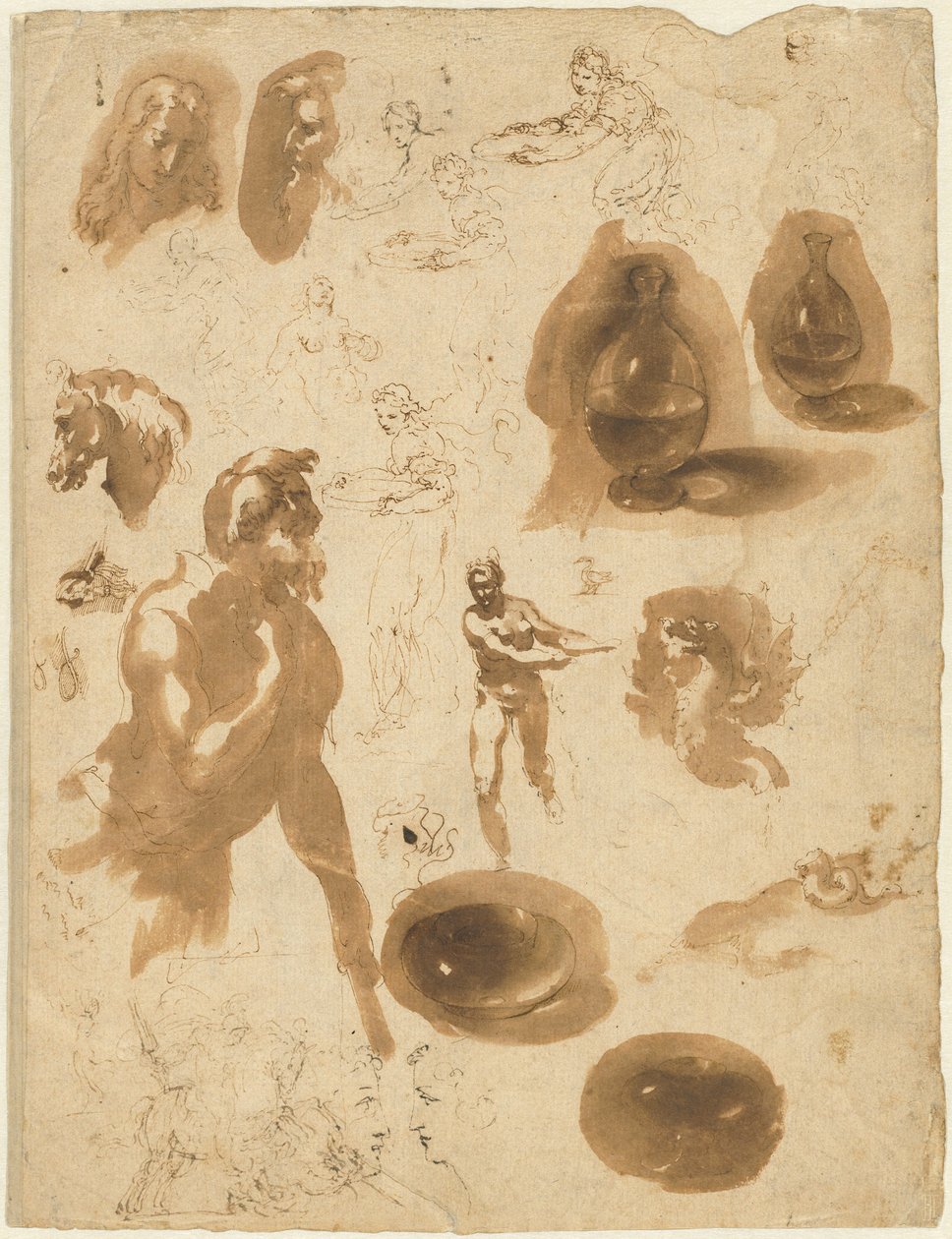 Studier av glasskrukker og figurer (recto) av Ambrogio Figino