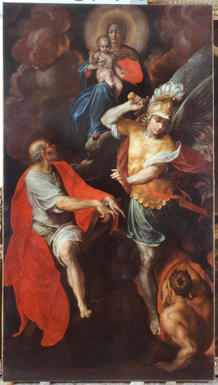 Madonna og barn og St. Johannes evangelisten og St. Michael av Ambrogio Giovanni Figino