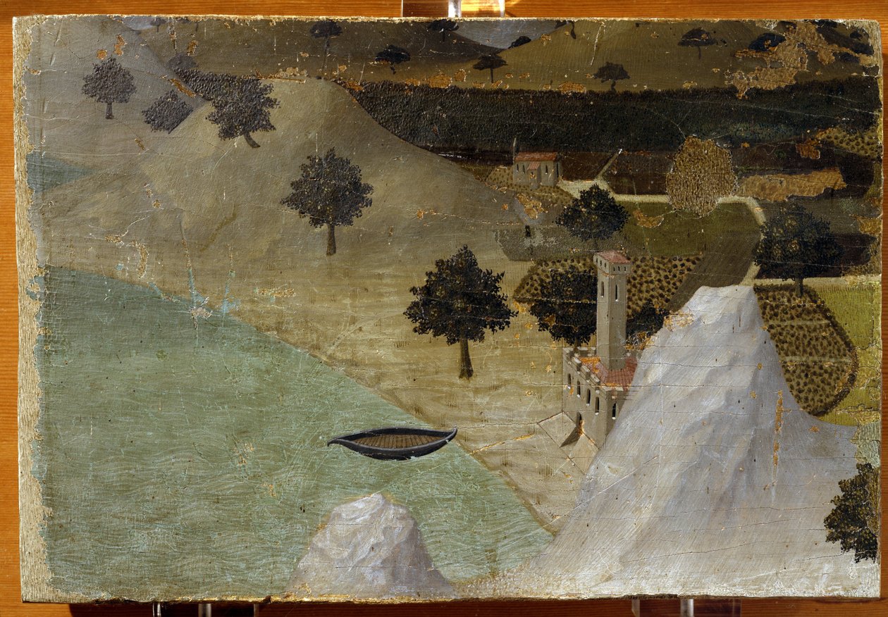 Et slott som står ved en innsjø - tempera på panel av Ambrogio Lorenzetti