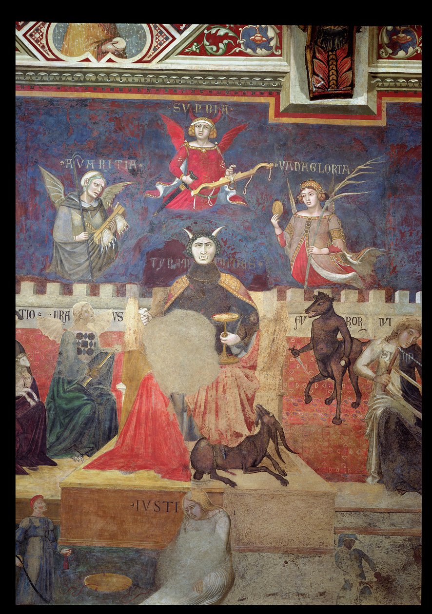 Allegori om dårlig regjering, detalj om grådighet, stolthet, forfengelighet, tyranni, svindel og sinne, 1338-40 av Ambrogio Lorenzetti