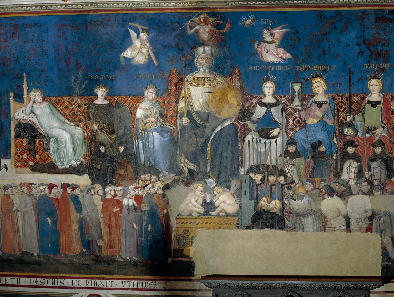 Allegory of Good Government, detalj fra Allegory and Effects of Good and Bad Government on Town and Country av Ambrogio Lorenzetti