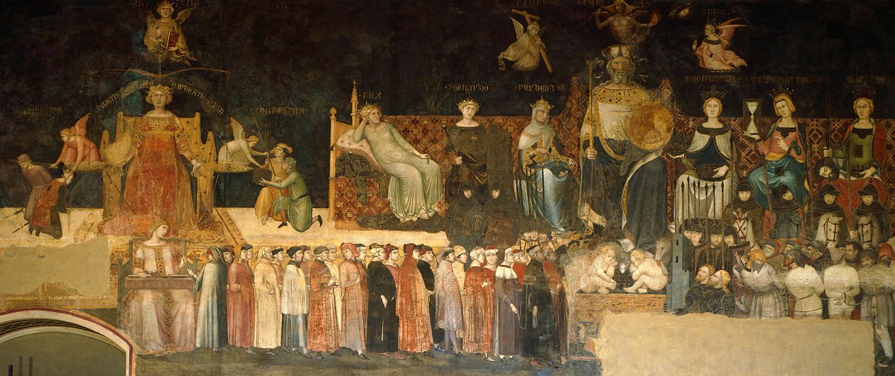 Allegory of Good Government, detalj fra Allegory and effects of good and dårlig regjering i by og land av Ambrogio Lorenzetti (aktiv 1285-1348), fresco, Hall of Peace, Palazzo Publico, Siena av Ambrogio Lorenzetti