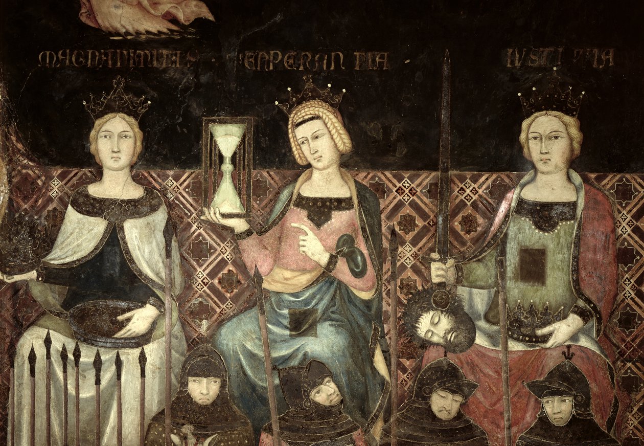 Allegory of Good Government, detalj om rettferdighet, håp og storhet, 1338-40 av Ambrogio Lorenzetti