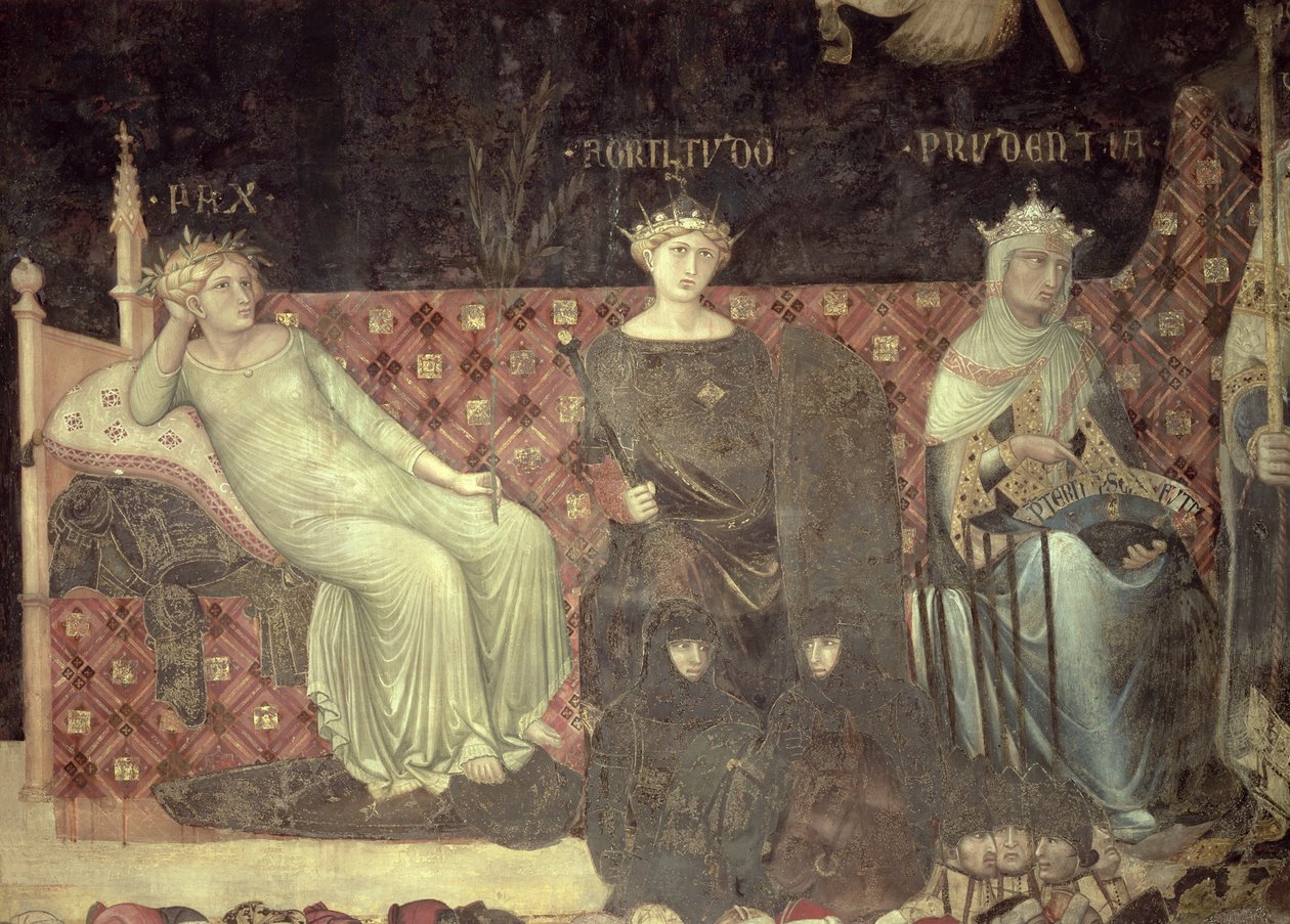 Allegori om god regjering, detalj om fred, styrke og klokskap, 1338-40 av Ambrogio Lorenzetti