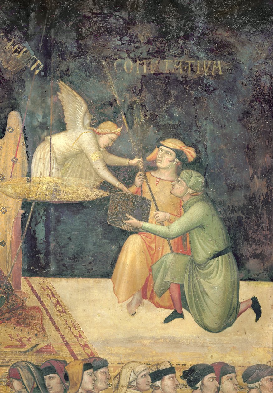 Allegory of Good Government, detalj om effekten av kommutativ rettferdighet, 1338-40 av Ambrogio Lorenzetti