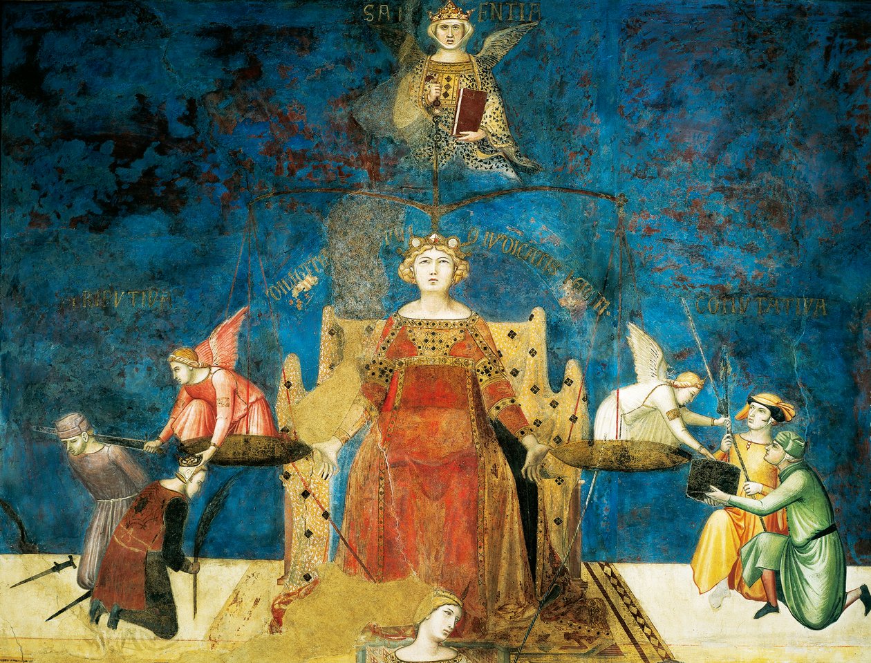 Allegori om god regjering, visdom og rettferdighet, detaljer fra allegori og virkninger av god og dårlig regjering i by og land av Ambrogio Lorenzetti