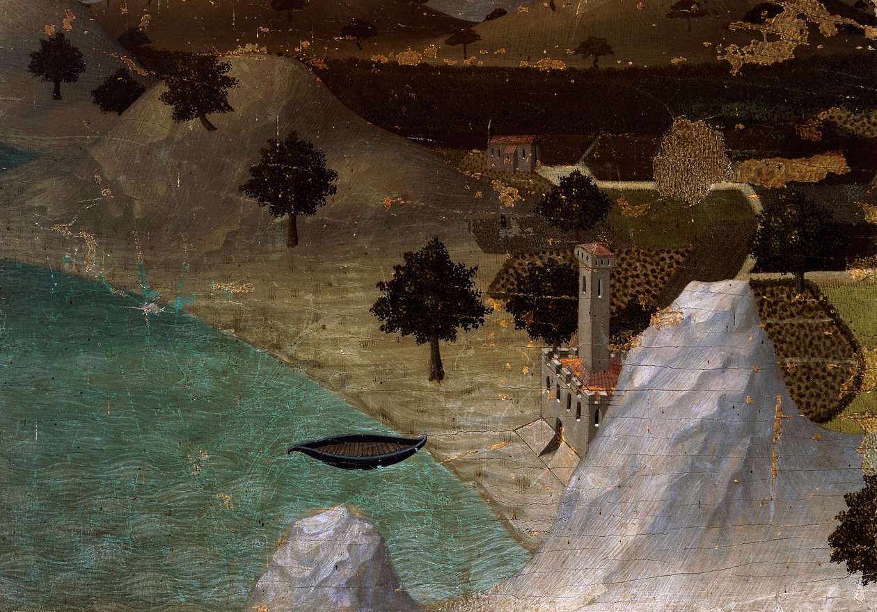 Slott ved innsjøen, av Ambrogio Lorenzetti (1290-ca 1348), Tempera på tre, 22,5x33 cm av Ambrogio Lorenzetti