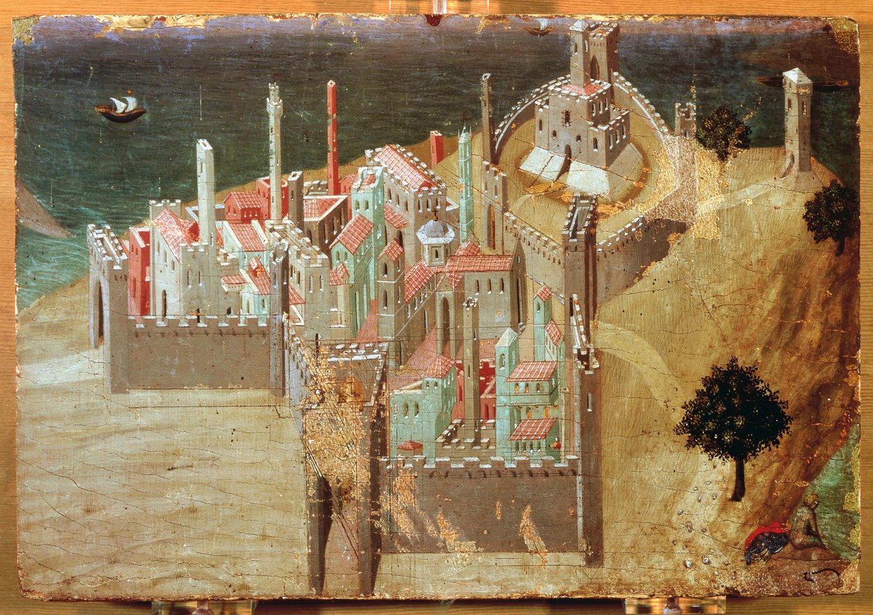 By ved havet, av Ambrogio Lorenzetti (1285-1348), maleri på tre, 22x33 cm. av Ambrogio Lorenzetti