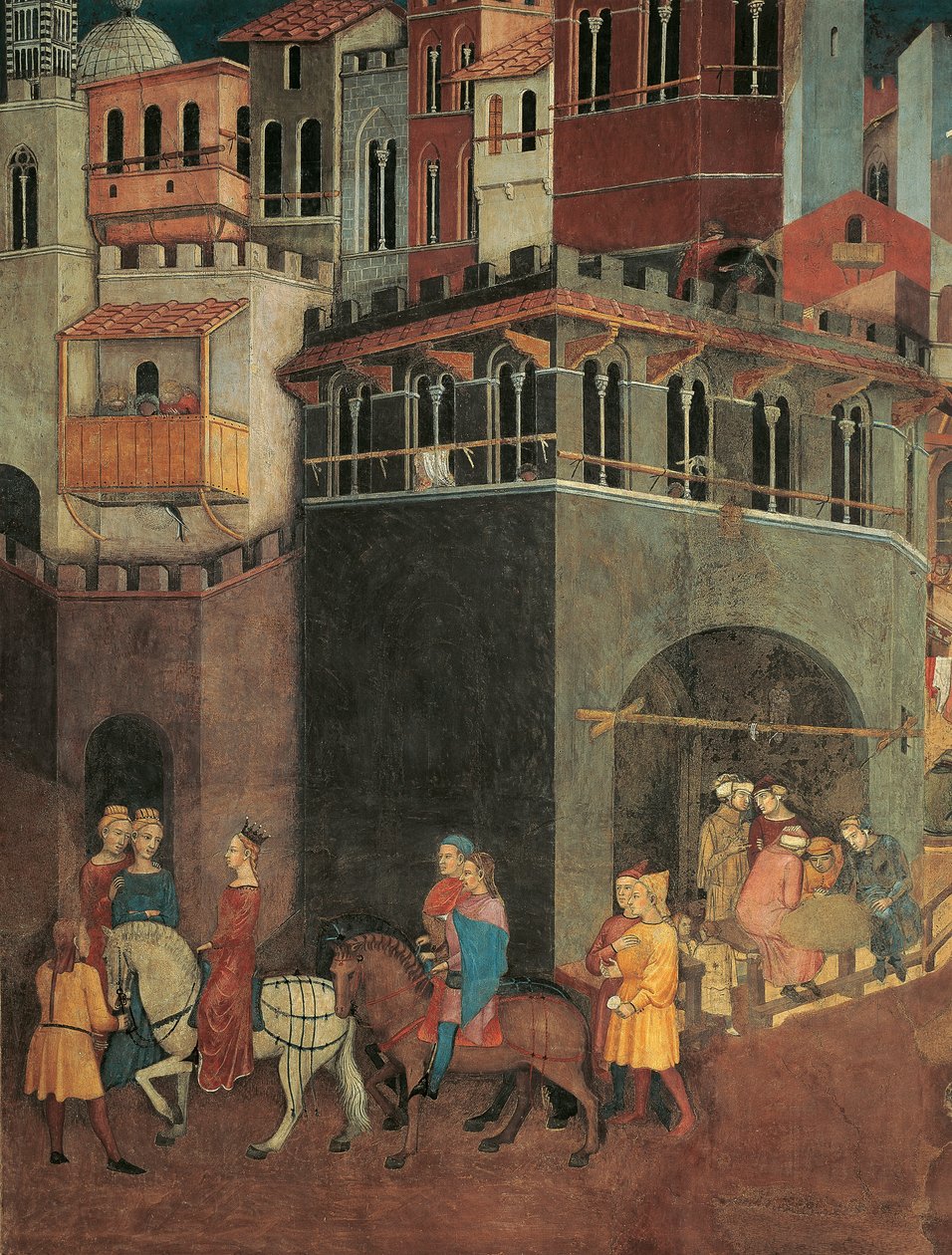 Effekter av god regjering i byen, prosesjon av adel på gatene i byen, detaljer om allegori og virkninger av god og dårlig regjering på by og land av Ambrogio Lorenzetti
