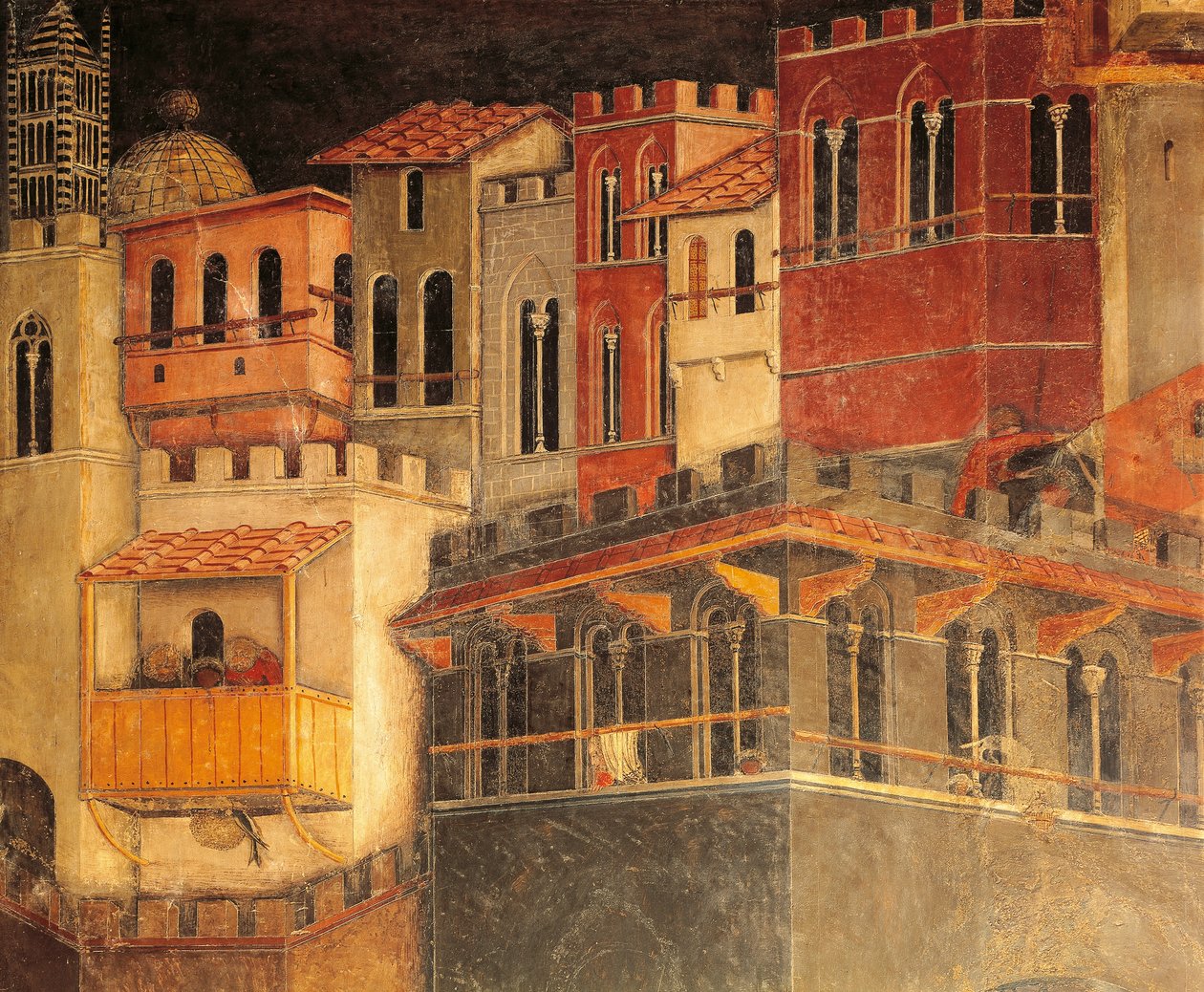 Effekter av god regjering i by, hus, detaljer fra Allegory og effekter av god og dårlig regjering i by og land av Ambrogio Lorenzetti (aktiv 1285-1348), freskomaleri, detalj Hall of Peace, Palazzo Publico, Siena av Ambrogio Lorenzetti