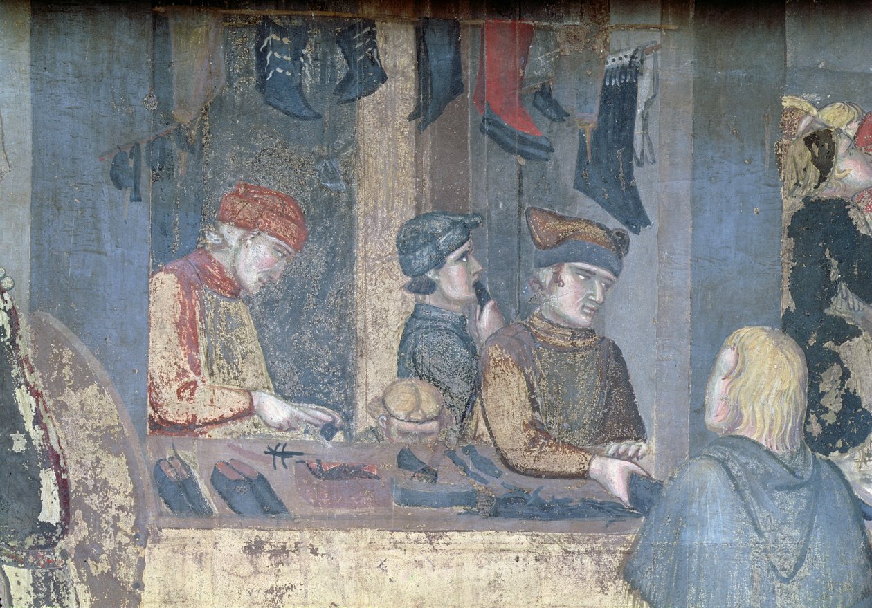 Effekter av god regjering i byen, detalj av en kjøpmann og håndverkere i skomakerbutikken av Ambrogio Lorenzetti