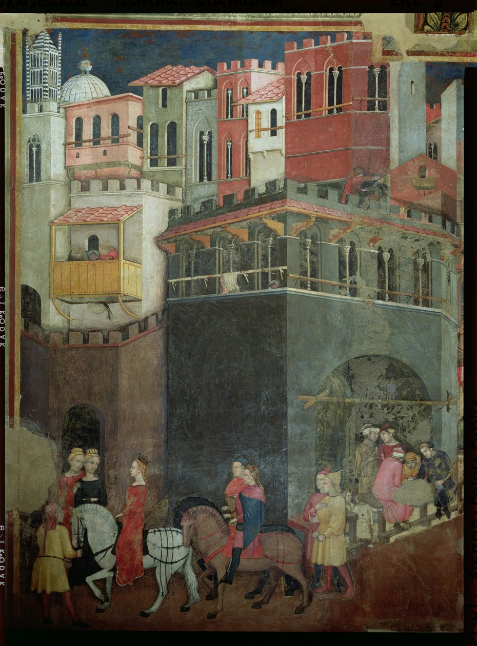 Effekter av god regjering i byen, detaljer om arkitektur og innbyggere, 1338-40 av Ambrogio Lorenzetti