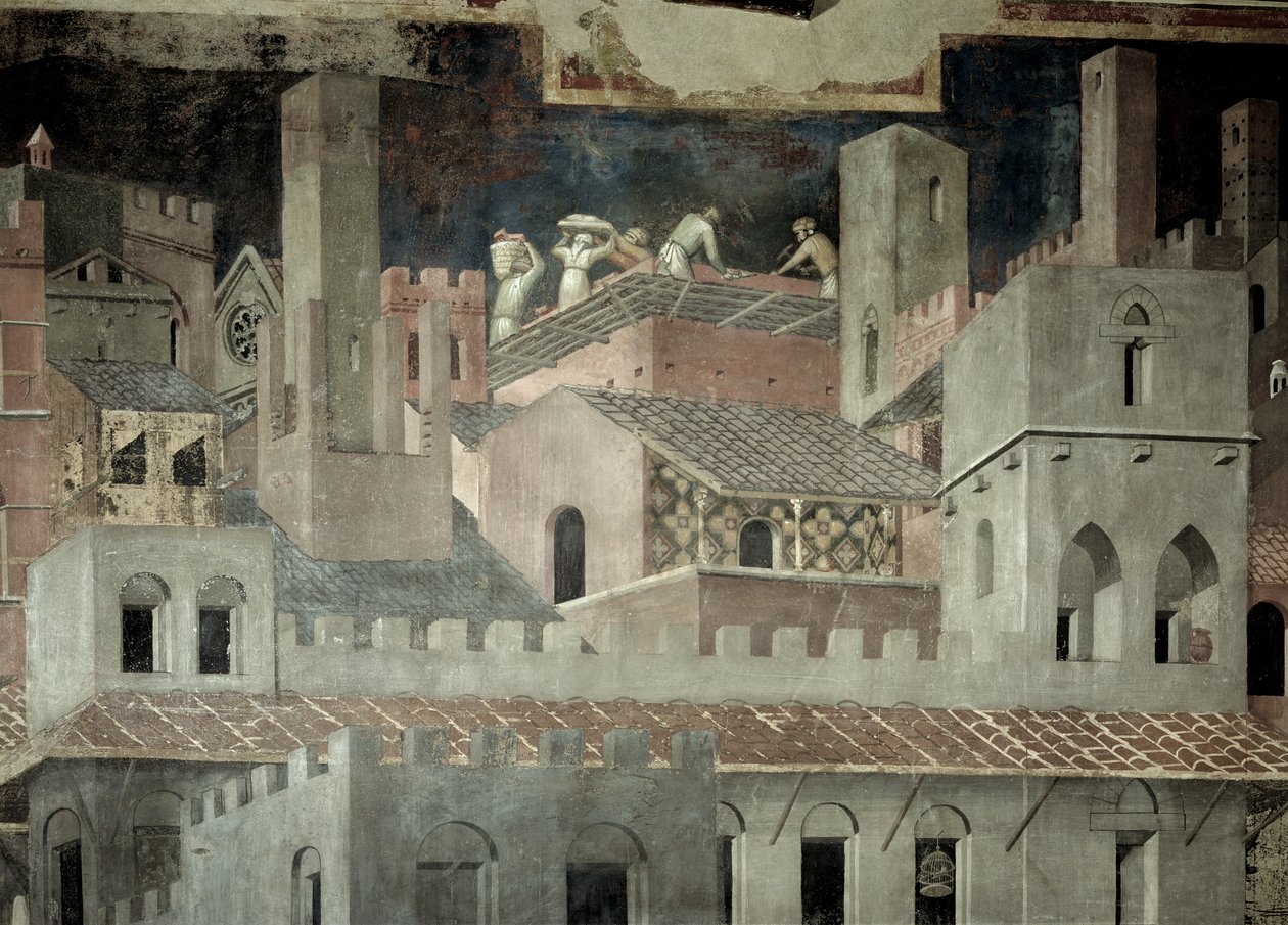 Effekter av god regjering i byen, detalj av arkitektur og bygging av et hus av Ambrogio Lorenzetti