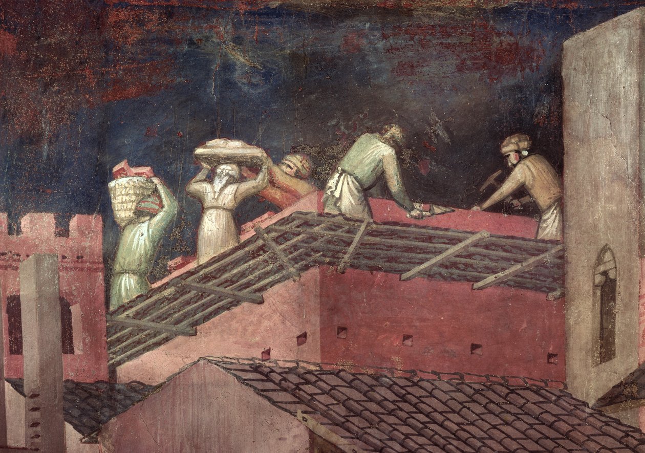 Effekter av god regjering i byen, detalj om arbeidere som bygger et hus av Ambrogio Lorenzetti
