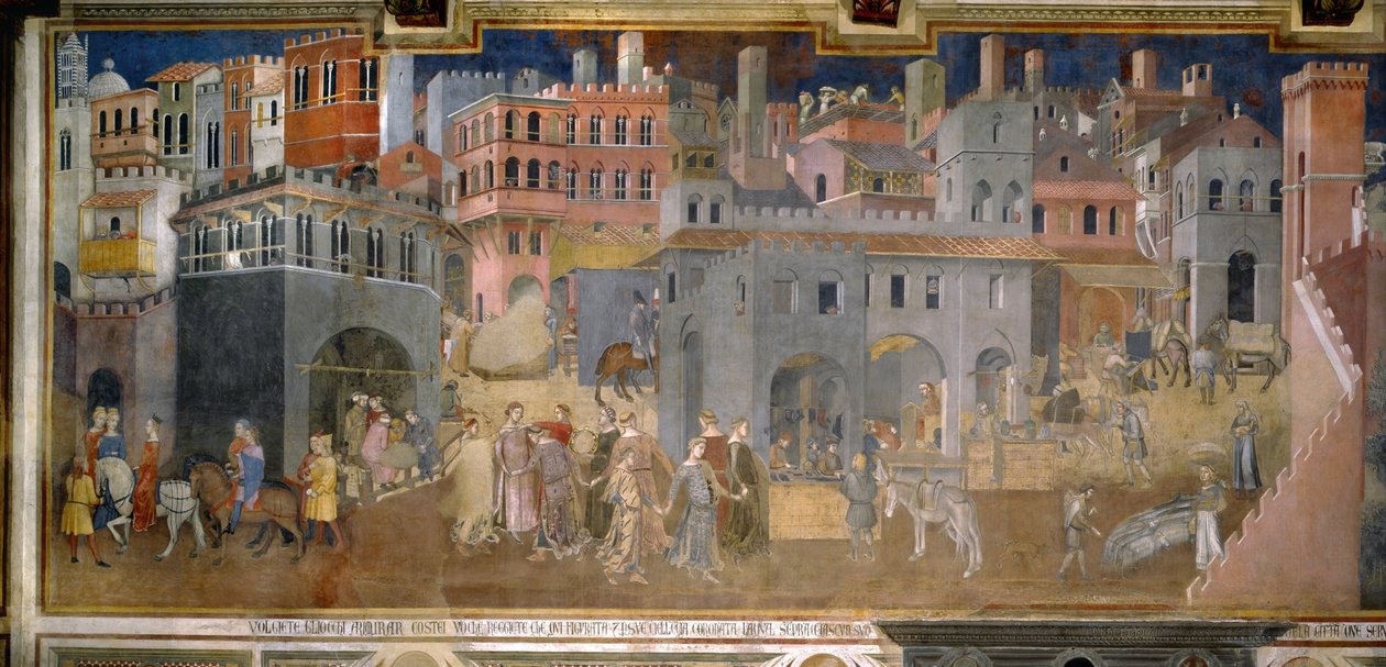 Effekter av god regjering i byen Syklus av fresker Allegorien om den gode og dårlige regjeringen, 1338-1339 av Ambrogio Lorenzetti