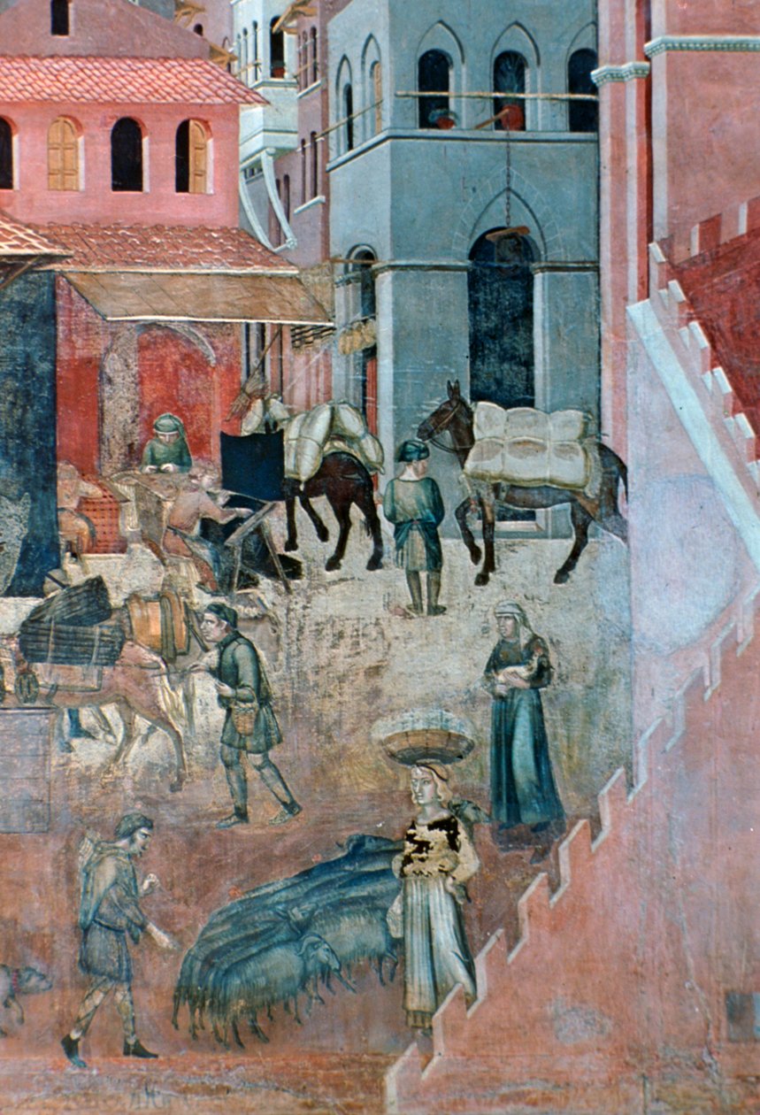 Effekter av god regjering på bylivet, detalj, 1338-1340 av Ambrogio Lorenzetti