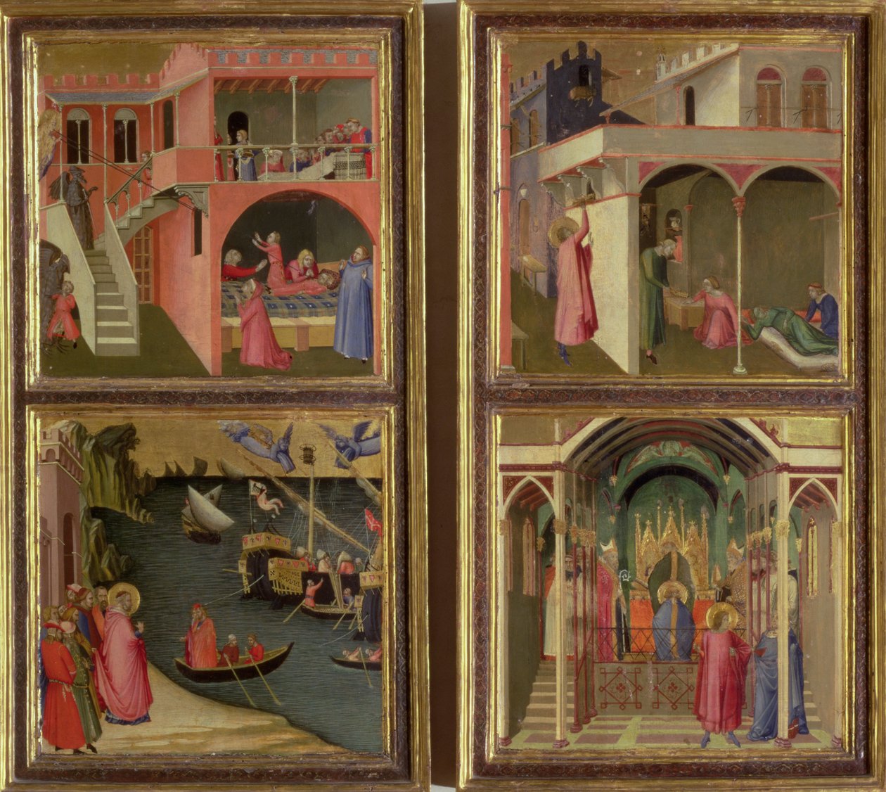 Fire scener fra St. Nicholas liv: St. Nicholas gir tre jenter medgiften deres; St. Nicholas valgt til biskop av Mira; Å gjenopplive en gutt kvalt av djevelen; Frigjør Mira fra hungersnød av Ambrogio Lorenzetti
