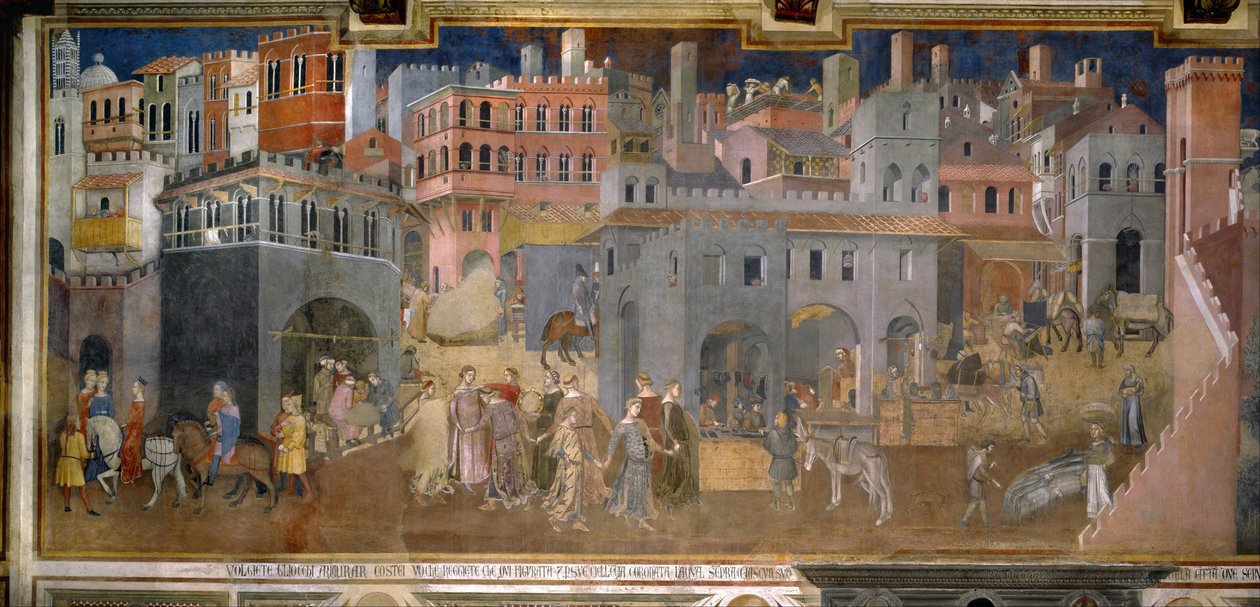 "Effektene av god og dårlig regjering i by og land". Detaljer om byen. Fresco av Ambrogio Lorenzetti (1290-1348) av Ambrogio Lorenzetti