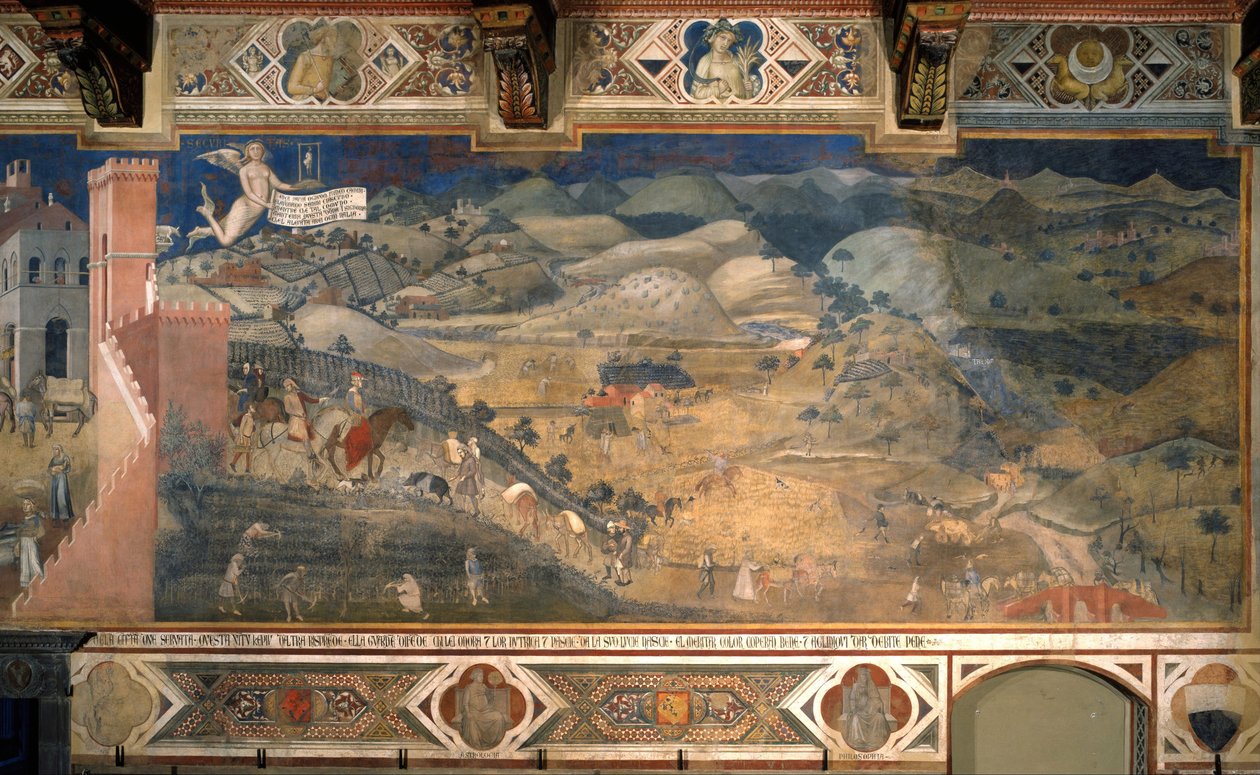 "Effektene av god og dårlig regjering i by og land". Detalj av virkningene av god forvaltning på landsbygda. Maleri av Ambrogio Lorenzetti (1290-1348) 1338 - 1340. Fresco. Hall of the Nines, eller Hall of Peace, Palazzo Publico de Si av Ambrogio Lorenzetti