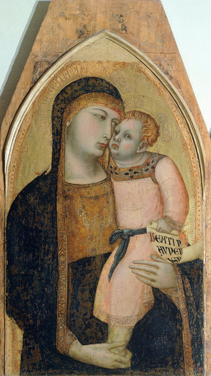 Madonna og barn, detalj fra Triptych som viser Madonna og barn med Maria Magdalena og St Dorothea av Ambrogio Lorenzetti (1290-ca 1348), olje på tre av Ambrogio Lorenzetti