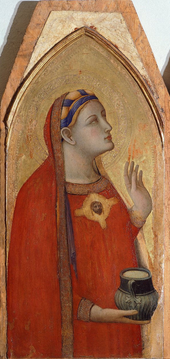 Mary Magdalene, detalj fra Triptych som viser Madonna og barn med Maria Magdalena og St Dorothea av Ambrogio Lorenzetti (1290-ca 1348), olje på tre av Ambrogio Lorenzetti