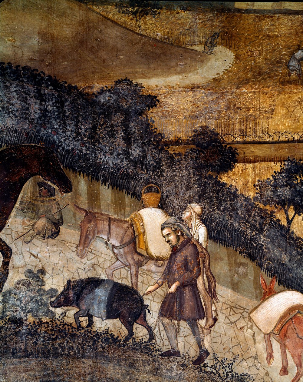 Bønder som pløyer åkrene. Detalj av virkningene av god og dårlig regjering på byen og landsbygda. (Fresco av Ambrogio Lorenzetti