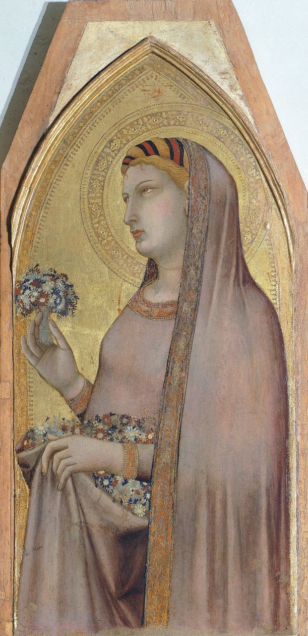 St Dorothea, detalj fra Triptych som viser Madonna og barn med Maria Magdalena og St Dorothea av Ambrogio Lorenzetti (1290-ca 1348), olje på tre av Ambrogio Lorenzetti
