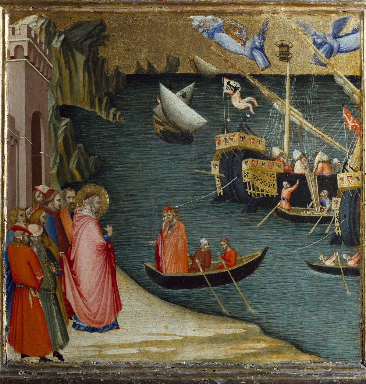 St Nicholas, biskop av Myra, redder et skip som frakter en last med hvete fra stormen. Scener fra St Nicholas